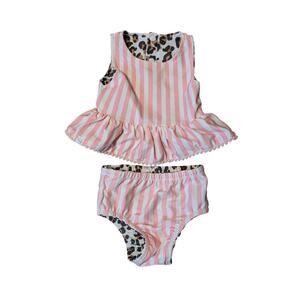 MUD PIE Reversible leopard & pink striped swimsit set; flounce; 6 mos